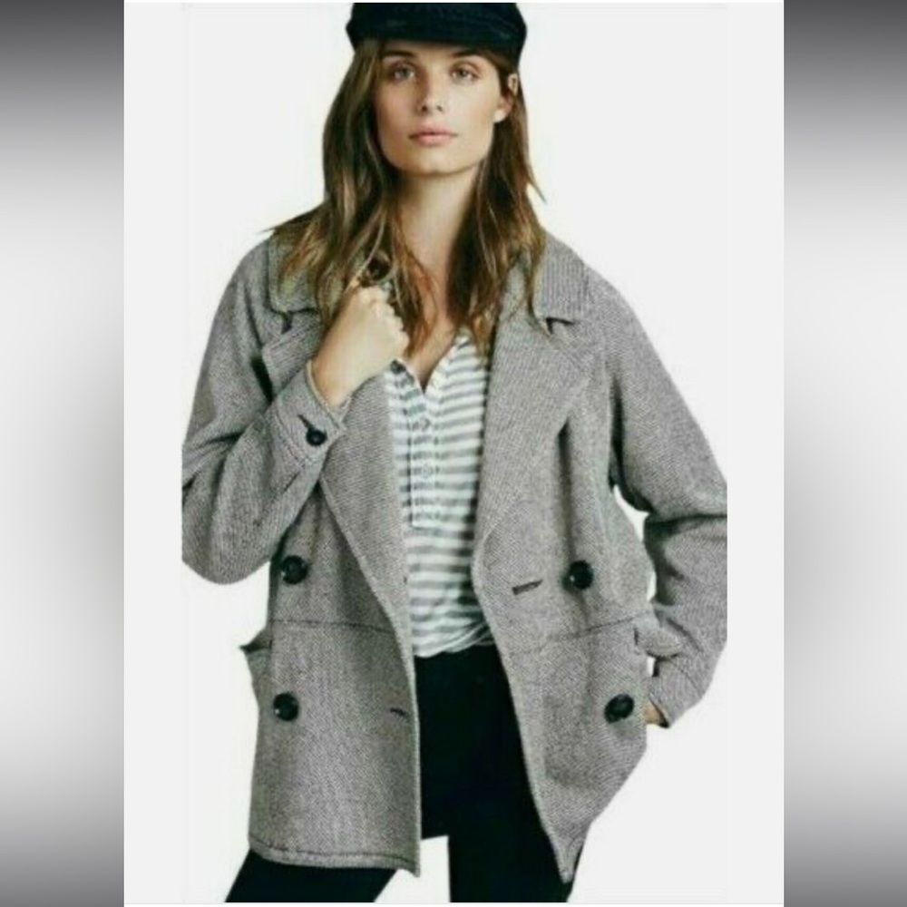 Free People Gray Herringbone Double-Breasted Pea Coat